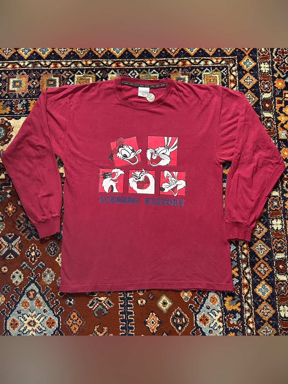 Vintage Iceberg History Looney Tunes Long Sleeve Shirt Made in Italy Maroon